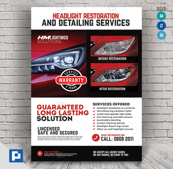 Headlight Restoration Service and Promotional Flyer