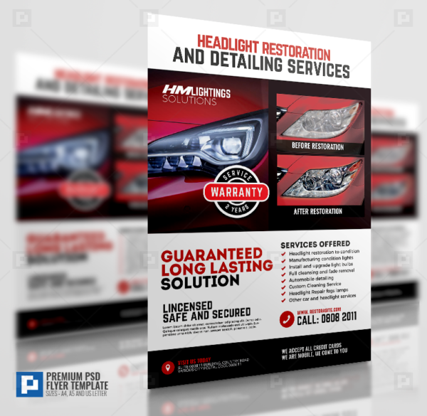 Headlight Restoration Service and Promotional Flyer
